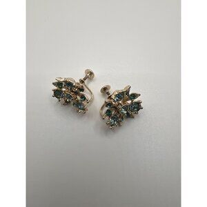 Vintage Silver-Tone Screw Back Earrings With Blue Rhinestone Floral Design Clip